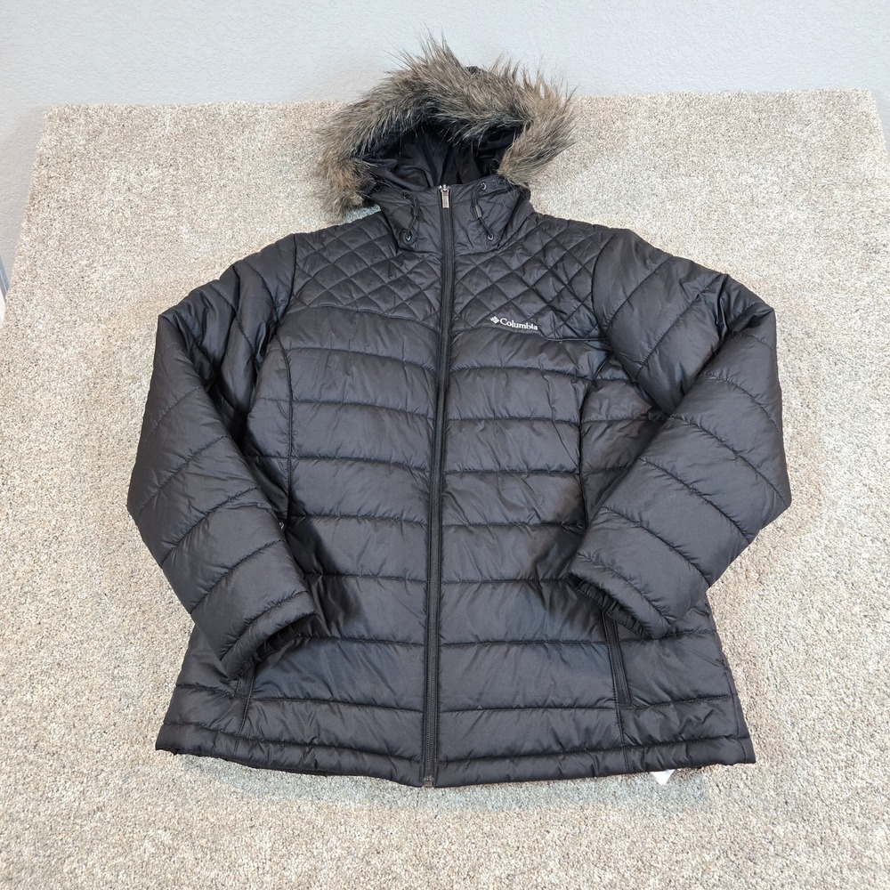 Columbia Quilted black Puffer Jacket Women's Size 1X Faux Fur Trim warm
